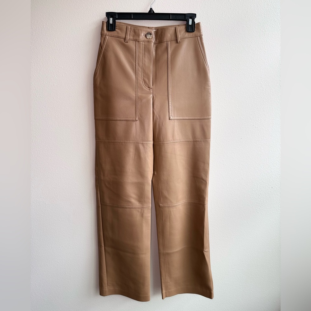 Aritzia Wilfred Tan Leather Patch-Stitch Wide Leg Pants